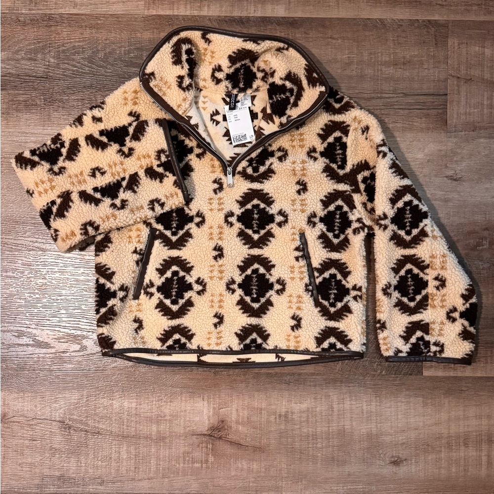 H&M Brown and Cream Patterned Fleece Jacket